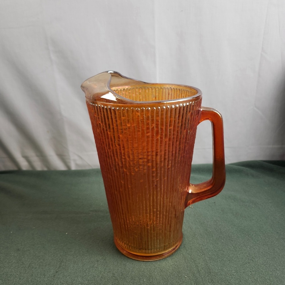 Vintage Jeanette Carnival Glass Tree Bark Pattern Iridescent Marigold Pitcher